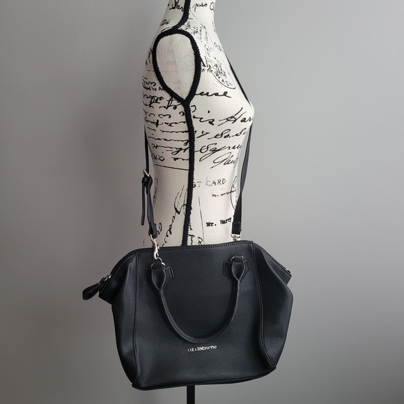 Liz Claiborne black pebbled faux leather satchel bag purse detachable strap goth - Picture 3 of 16